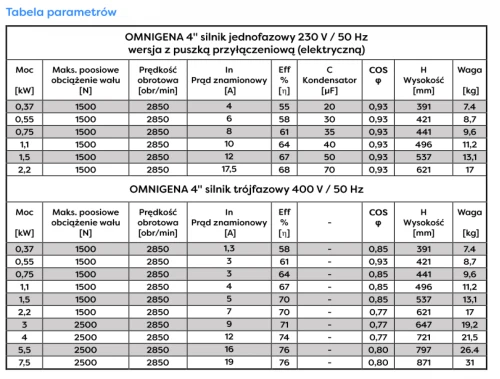 Silnik 4'' 0,75kW OMNIGENA 230V z puszką 20m kabla