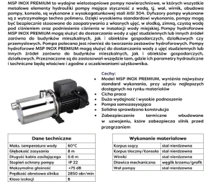 Cechy i Dane pomp serii MSP INOX PREMIUM