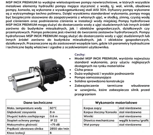 Cechy i dane pomp serii MSP INOX PREMIUM