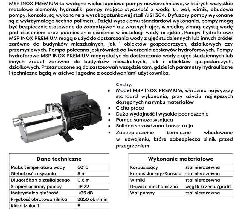 Cechy i dane pomp serii MSP INOX PREMIUM